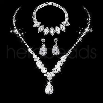 Brass Rhinestone Pendant Necklaces & Earring & Bracelets Sets for Women WG00284-04-1