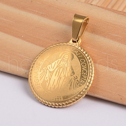 Flat Round with Virgin Mary & Word 304 Stainless Steel Pendants STAS-I036-02A-1