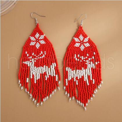 Boho Seed Bead Christmas Deer Tassel Earrings EJEW-Q380-03D-1