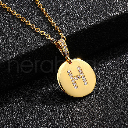 Brass Micro Pave Clear Cubic Zirconia Flat Round with Letter Pendant Necklaces FS-WG00655-08-1