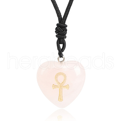 Natural Rose Quartz Heart Engraved AnKh Cross Pendant Personalized DIY Necklaces SC1205-6-1