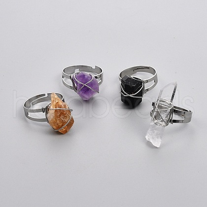 Adjustable Wire Wrapped Natural Gemstone Finger Rings RJEW-I066-A-1