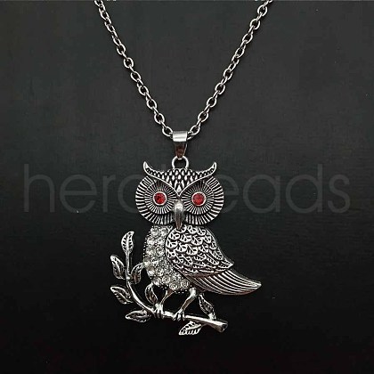 Alloy Light Siam Rhinestone Cute Owl Pendant Necklaces for Women ZP2296-1-1
