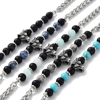 Natural & Synthetic Mixed  Gemstone with 201 Stainless Steel Necklaces NJEW-Q334-02-1
