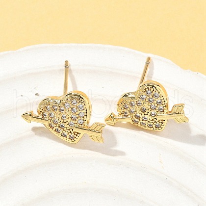 Heart Brass Micro Pave Clear Cubic Zirconia Stud Earrings EJEW-A132-08G-1