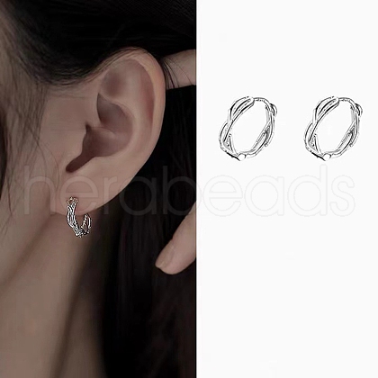 Anti-Tarnish Twisted Rhodium Plated 925 Sterling Silver Small Huggie Hoop Earrings EJEW-I260-37P-1