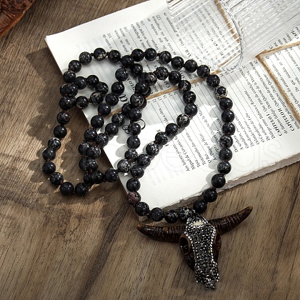Bohemian Style Cattle Head Resin & Rhinestone Pendant Dyed Natural Imperial Jasper Round Beaded Necklaces for Women FS-WGF22A5-01-1
