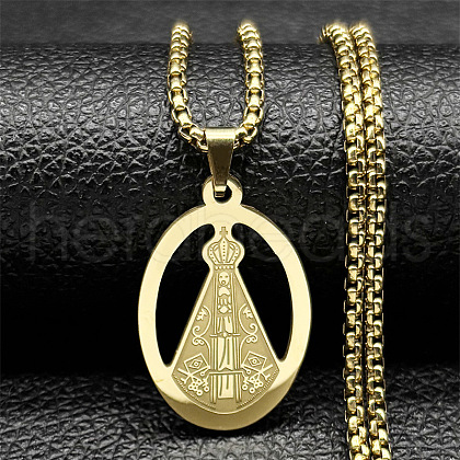304 Stainless Steel Nossa Senhora Aparecida Virgin Mary Pendant Necklaces for Women NJEW-K283-01G-1