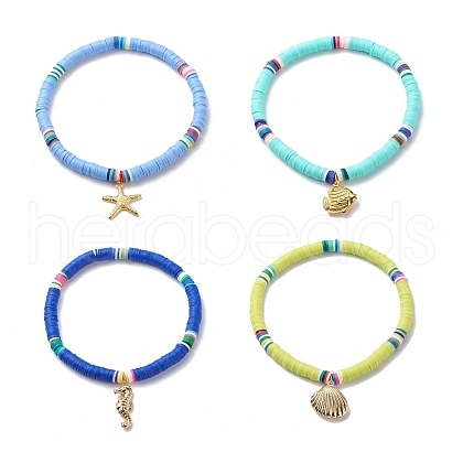 4Pcs 4 Style Handmade Polymer Clay Disc Surfer Stretch Anklets Set AJEW-AN00503-1