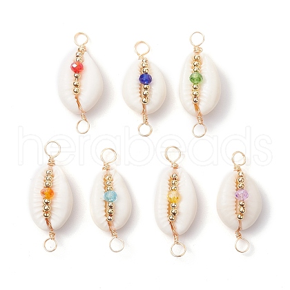 7Pcs 7 Colors Natural Cowrie Shell & Faceted Glass & Brass Bead Connetctor Charms PALLOY-JF02665-1