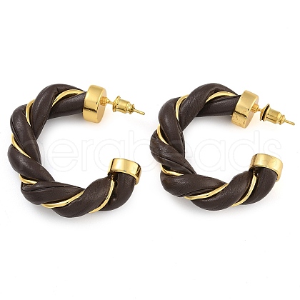 Brass & PU Leather Twist Stud Earrings EJEW-K293-19G-02-1