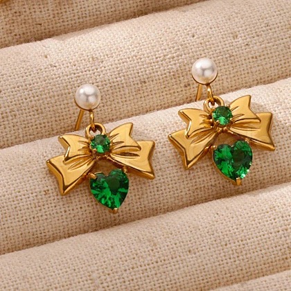 304 Stainless Steel Micro Pave Cubic Zirconia Bowknot Dangle Stud Earrings EJEW-U065-03G-02-1
