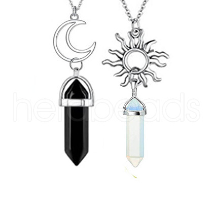 2Pcs 2 Style Natural Black & Opalite Bullet Pendant Necklaces Set PW-WG26431-02-1