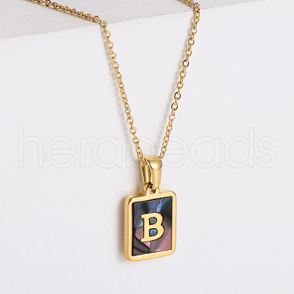 304 Stainless Steel Pave Natural Paua Shell Rectangle Initial Pendant Necklaces for Women FS-WG38E89-02-1
