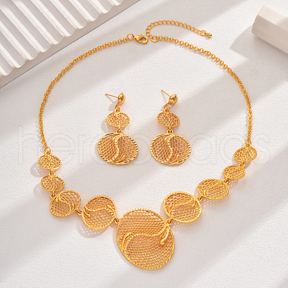 18K Gold Plating Hollow Flat Round Bib Necklace & Dangle Stud Earrings SK5098-1