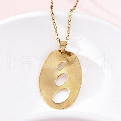 Hollow Textured Oval 304 Stainless Steel Pendant Necklaces NJEW-M096-24G-1