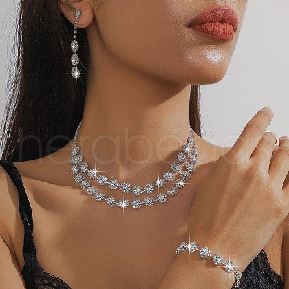 Flower Alloy Rhinestone Chain Double Layer Necklaces & Stud Dangle Earrings & Bracelets Sets FS-WG0F210-01-1