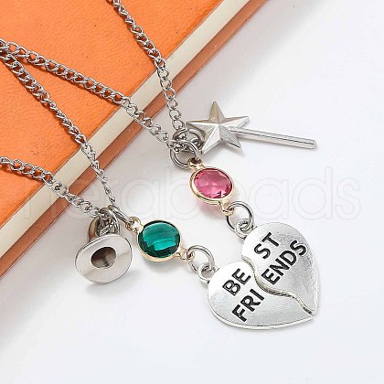 2Pcs Alloy Emerald and Rose Rhinestone Witch Best Friends Heart Pendant Couple Necklaces for Women FS-WG895A1-02-1