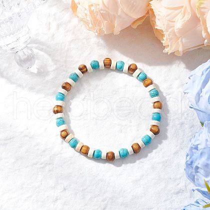 Synthetic Turquoise & Round Wood Beads Stretch Bracelets for Men Women BJEW-JM11833-01-1