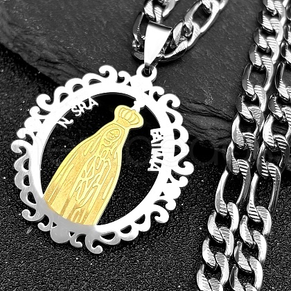 Ring with Virgin Mary 304 Stainless Steel Pendant Necklaces for Men Women NJEW-K283-23G-1