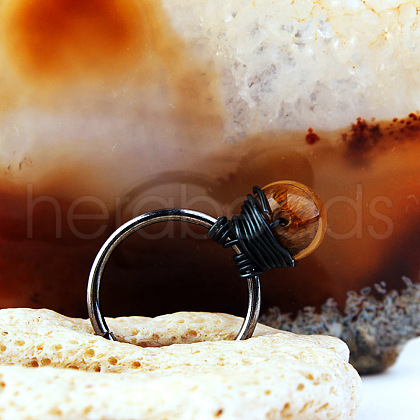 Iron Wire Wrapped Natural Tiger Eye Round Beaded Cuff Rings WGDBE9A-05-1