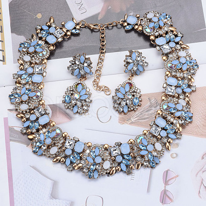 Flower Alloy Rhinestone Chain Necklaces & Stud Dangle Earrings Sets FS-WG8AADA-03-1