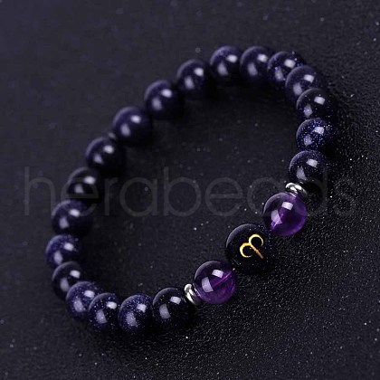Aries Round Synthetic Blue Goldstone & Natural Amethyst Stretch Bracelets for Women Men EA3132-7-1