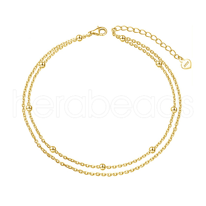 925 Sterling Silver Double Layered Cable Chain Anklet with Beads for Women AJEW-F162-005G-1