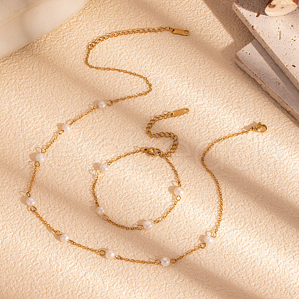 Simple and Elegant Stainless Steel & Natural Freshwater Pearl Link Chain Bracelets & Necklaces Set for Women FO7311-1-1
