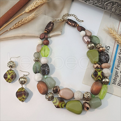 Wood Beaded Double Layer Necklaces & Dangle Earrings Sets FS-WGB5610-02-1