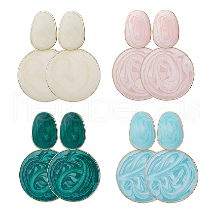 FIBLOOM 4 Pairs 4 Colors Alloy Enamel Flat Round Dangle Stud Earrings for Women EJEW-FI0002-65-1