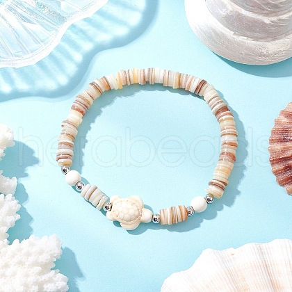 Natural Freshwater Shell with Synthetic Turquoise Beads Stretch Bracelets for Men Women BJEW-JB11744-01-1