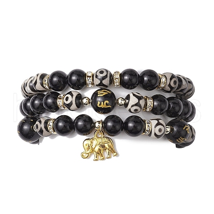 3Pcs 3 Styles 8mm Round Natural Tibetan 3-Eye dZi Agate & Eyeless Obsidian Beaded Stretch Bracelet Sets BJEW-JB10336-1