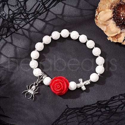 Halloween Theme Natural & Synthetic Lava Rock Round Beads Stretch Bracelets BJEW-MZ00185-01-1