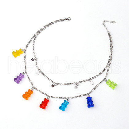 Alloy Star & Resin Bear Pendant Double Layer Necklaces for Women WG0729C-07-1