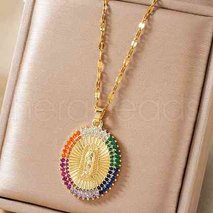 Elegant Vintage Brass Pave Cubic Zirconia Virgin Mary Religion Pendant Necklaces JB8596-2-1