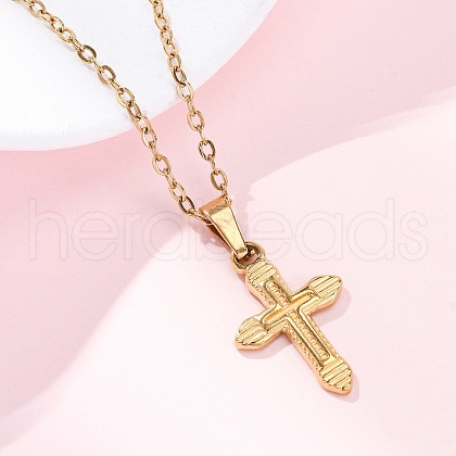 Cross 304 Stainless Steel Pendant Necklaces NJEW-H059-10G-1