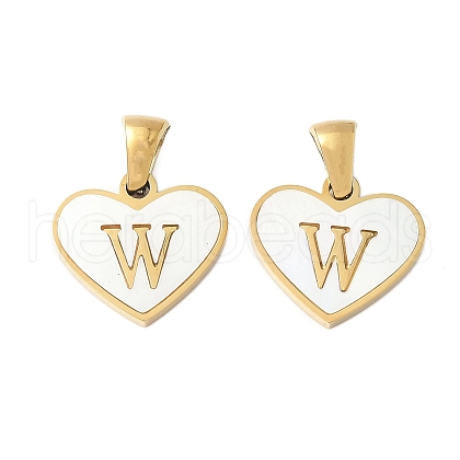 304 Stainless Steel Pave Natural White Shell Heart with Initial Slice Pendants STAS-R168-25G-W-1
