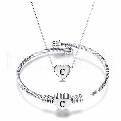 Heart with Letter Pattern 304 Stainless Steel Cuff Bangle & Pendant Necklace FS-WGA0158-03-1