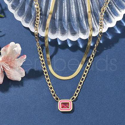 304 Stainless Steel Rhinestone Rectangle Pendant Double Layer Necklaces for Women NJEW-Z070-01G-01-1