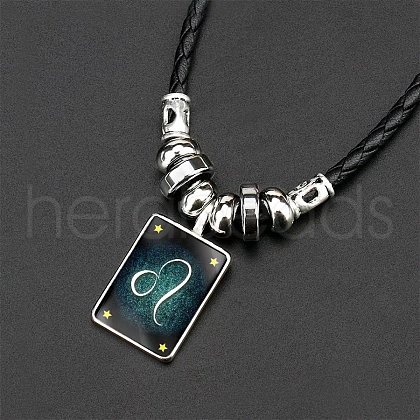 Luminous Rectangle with Constellation Alloy Glass Pendant Black Braided Imitation Leather Cord Necklaces WG00EE9-12-1
