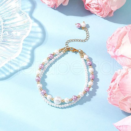 Glass Pearl Round Beaded Multi-strand Bracelets BJEW-JB11918-01-1