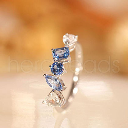 Rectangle Horse Eye Triangle Brass Micro Pave Clear & Blue Cubic Zirconia Finger Rings for Women FS-WG723F9-04-1