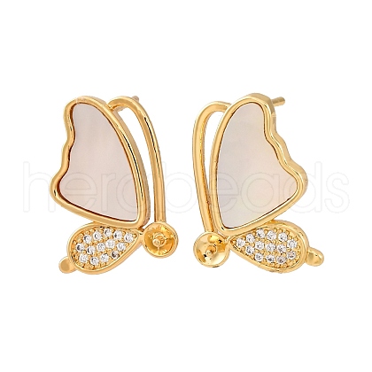 Brass Micro Pave Cubic Zirconia Shell Stud Earrings Findings KK-D363-01A-G-1