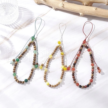 3Pcs 3 Colors Dyed Natural Banded Agate & Wood Round Beaded Phone Hand Strap Chains HJEW-JM03365-1