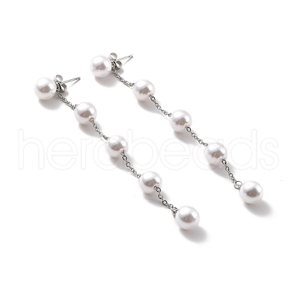 Round Plastic Pearl Beaded Long Chain Dangle Stud Earrings STAS-D179-04P-02-1