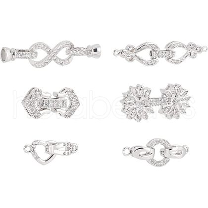 SUPERFINDINGS 6Sets 6 Style Brass Micro Pave Clear Cubic Zirconia Fold Over Clasps KK-FH0003-69-1