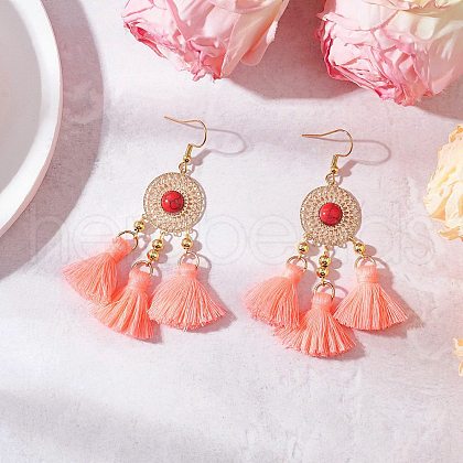 304 Stainless Steel Polycotton Tassel Chandelier Earrings EJEW-JE06452-01-1