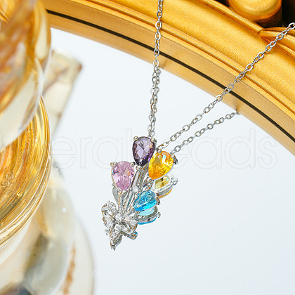 Brass Colorful Cubic Zirconia Flower Pendant Necklaces FS-WG69036-02-1