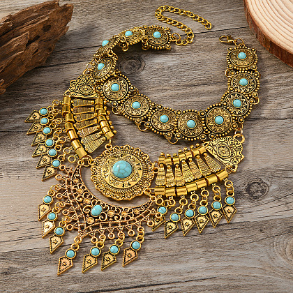 Zinc Alloy Pave Synthetic Turquoise Triangle Trible Floral Chunky Bib Necklaces for Women FS-WG45F90-01-1